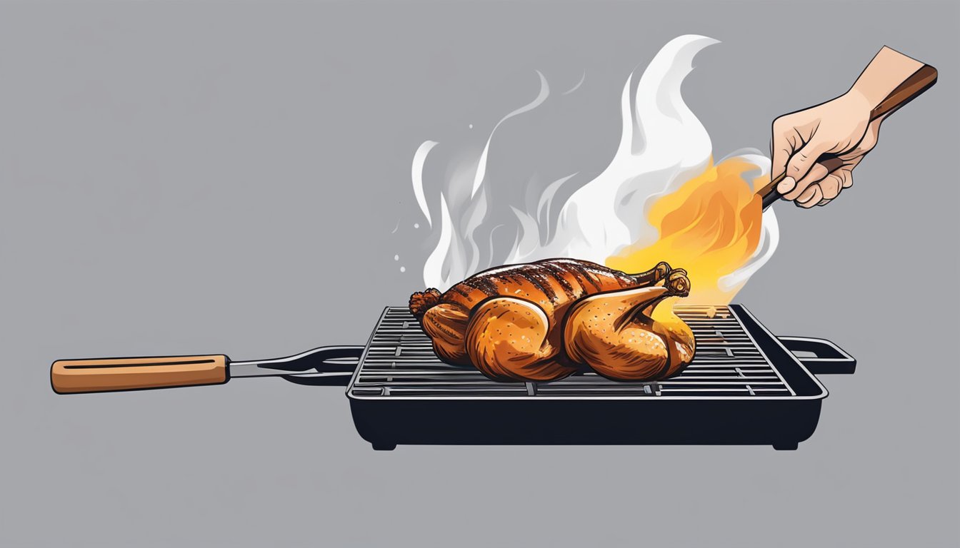 A sizzling chicken breast cooks on a hot grill, smoke rising in the Texas heat. A chef's hand flips the meat with tongs