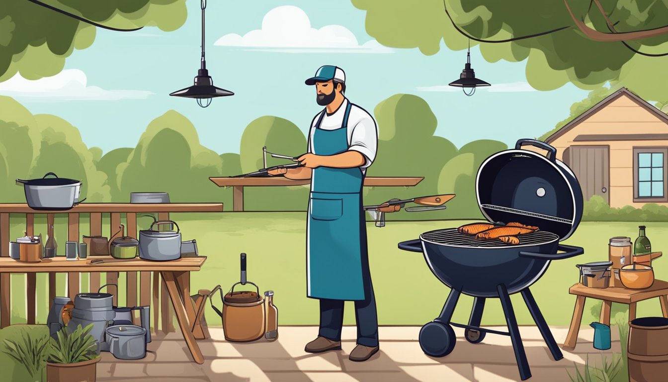 A fish grilling expert carefully maintains a grill in a Texas backyard, surrounded by tools and ingredients for the perfect whole fish barbecue