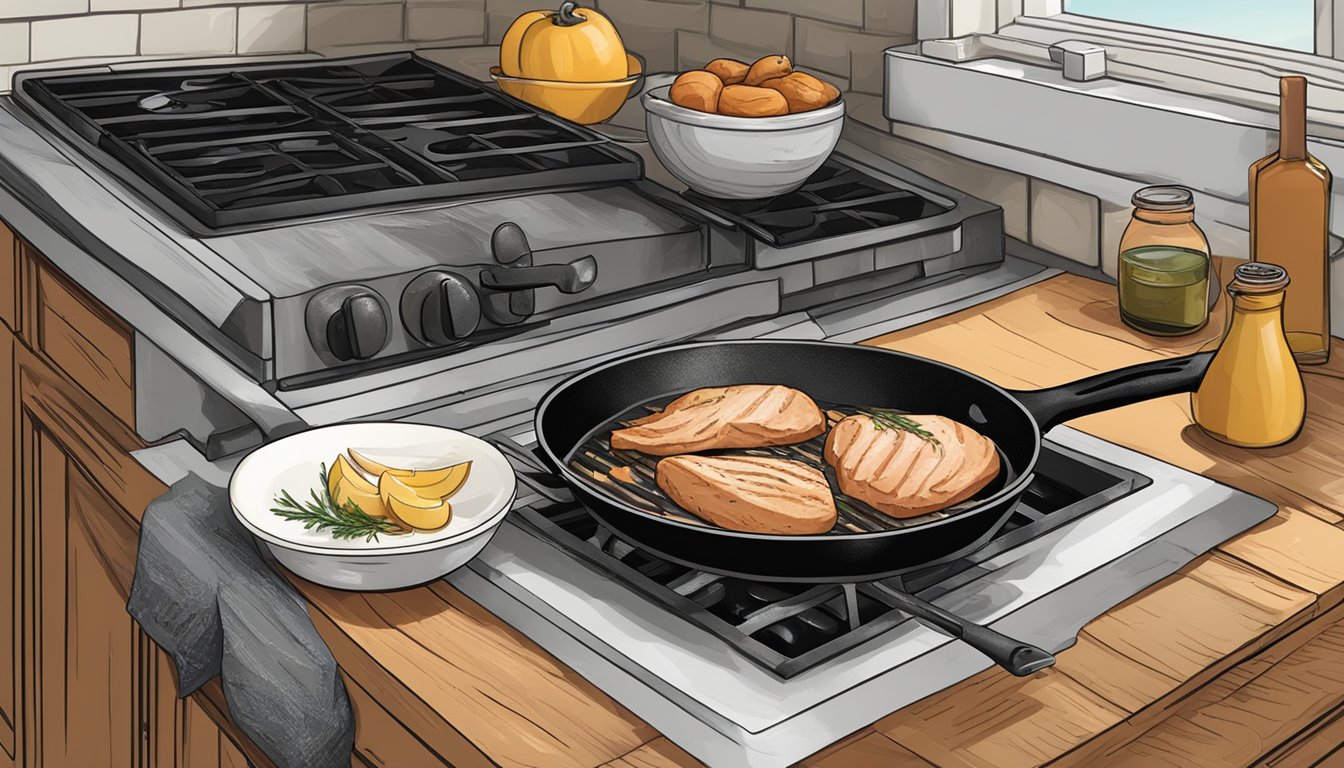 A rustic kitchen with a cutting board, knife, raw chicken breast, spices, and a cast iron skillet on a stove in Texas