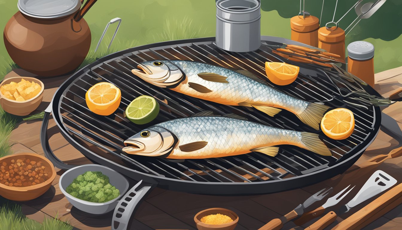 A whole fish grilling on a barbecue in a Texas backyard, surrounded by grilling tools and seasonings, with a smoky aroma in the air