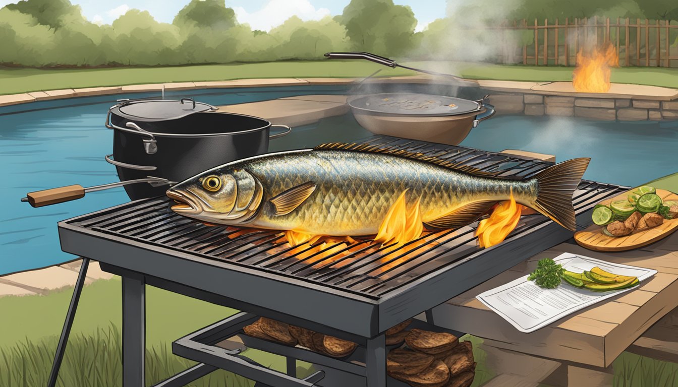 A whole fish being expertly grilled over an open flame in a Texas backyard, with a table nearby displaying nutritional information and health benefits