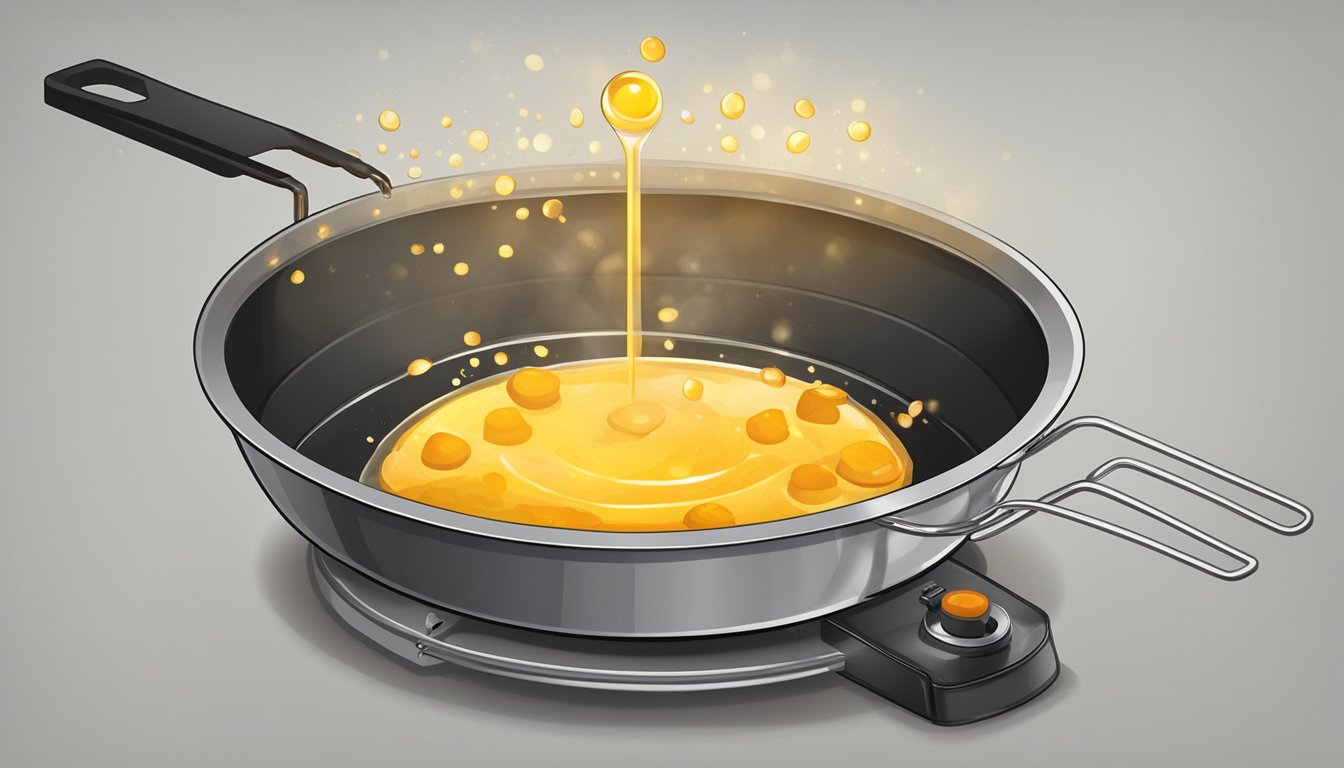 A sizzling pot of bubbling oil with a golden-brown fried food floating on a wire mesh skimmer above it. A thermometer is inserted into the oil, showing the perfect temperature for frying