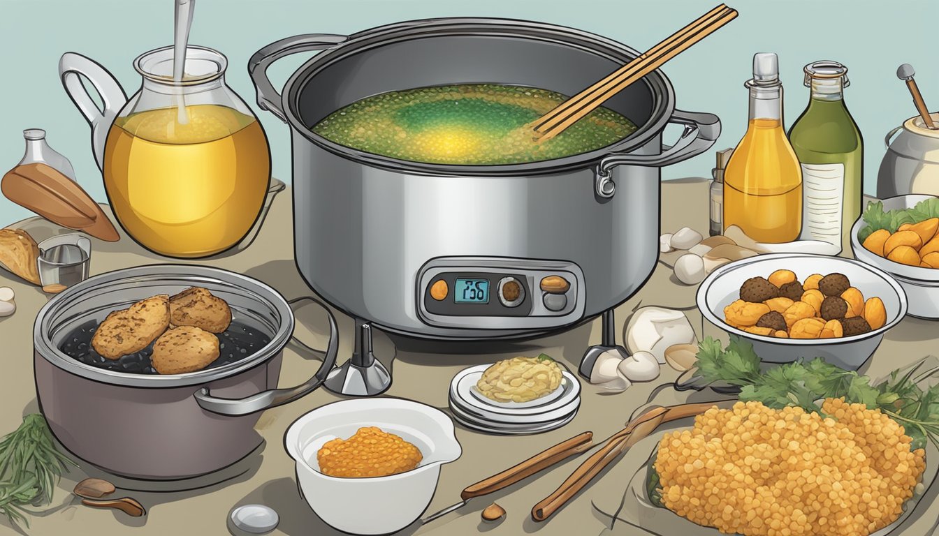 A large pot of bubbling oil with a thermometer, tongs, and a variety of food items ready to be deep fried