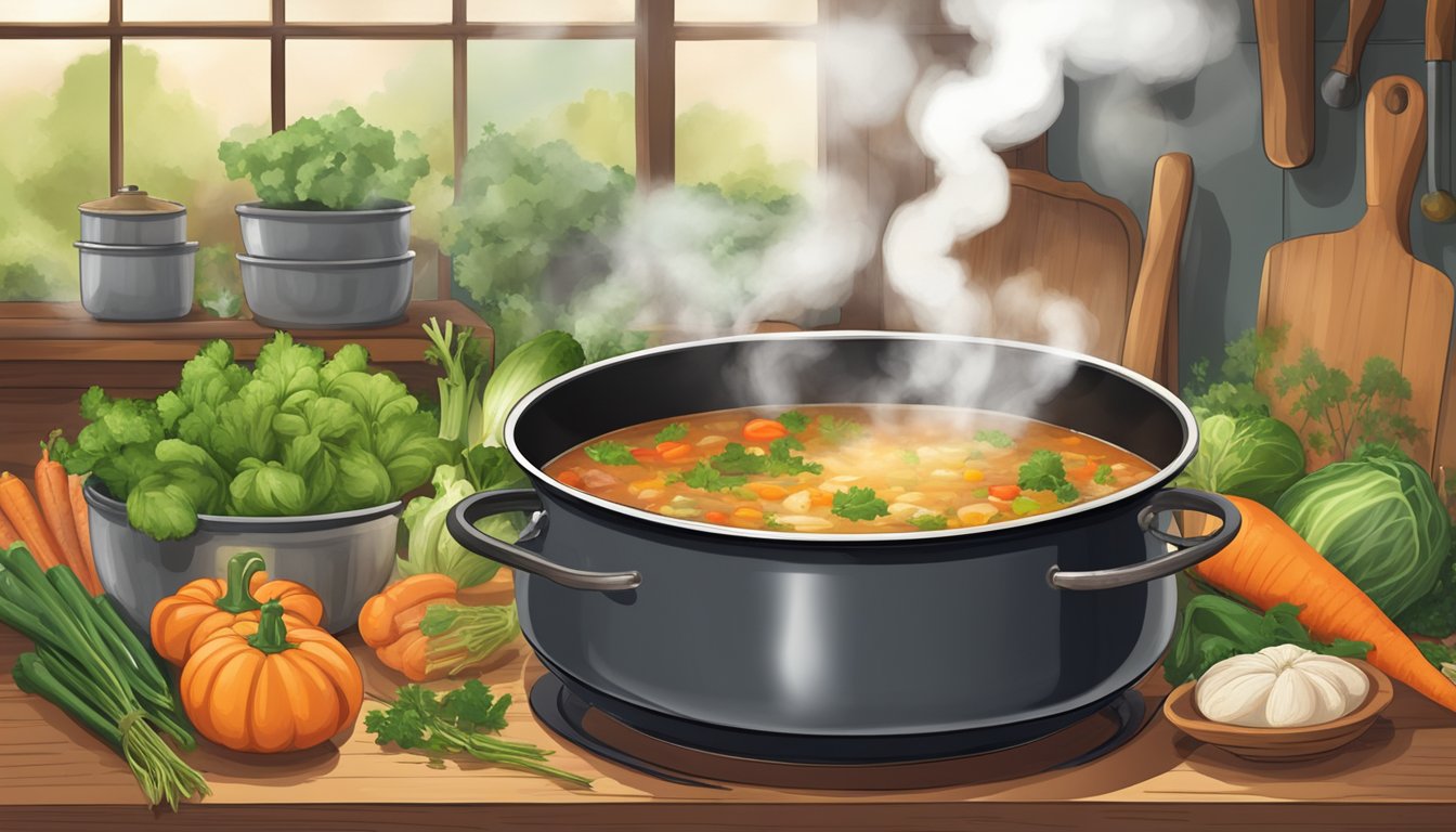 A steaming pot of hearty soup simmering on a rustic stove in a cozy Texas kitchen, surrounded by an array of fresh vegetables and aromatic herbs