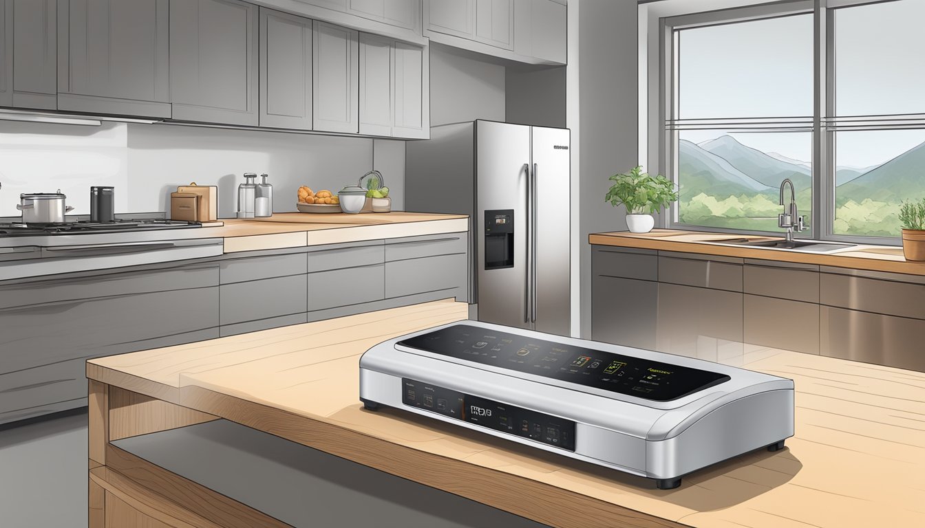 A kitchen counter with a vacuum sealer, a dry aging refrigerator, and a set of precision temperature and humidity controls