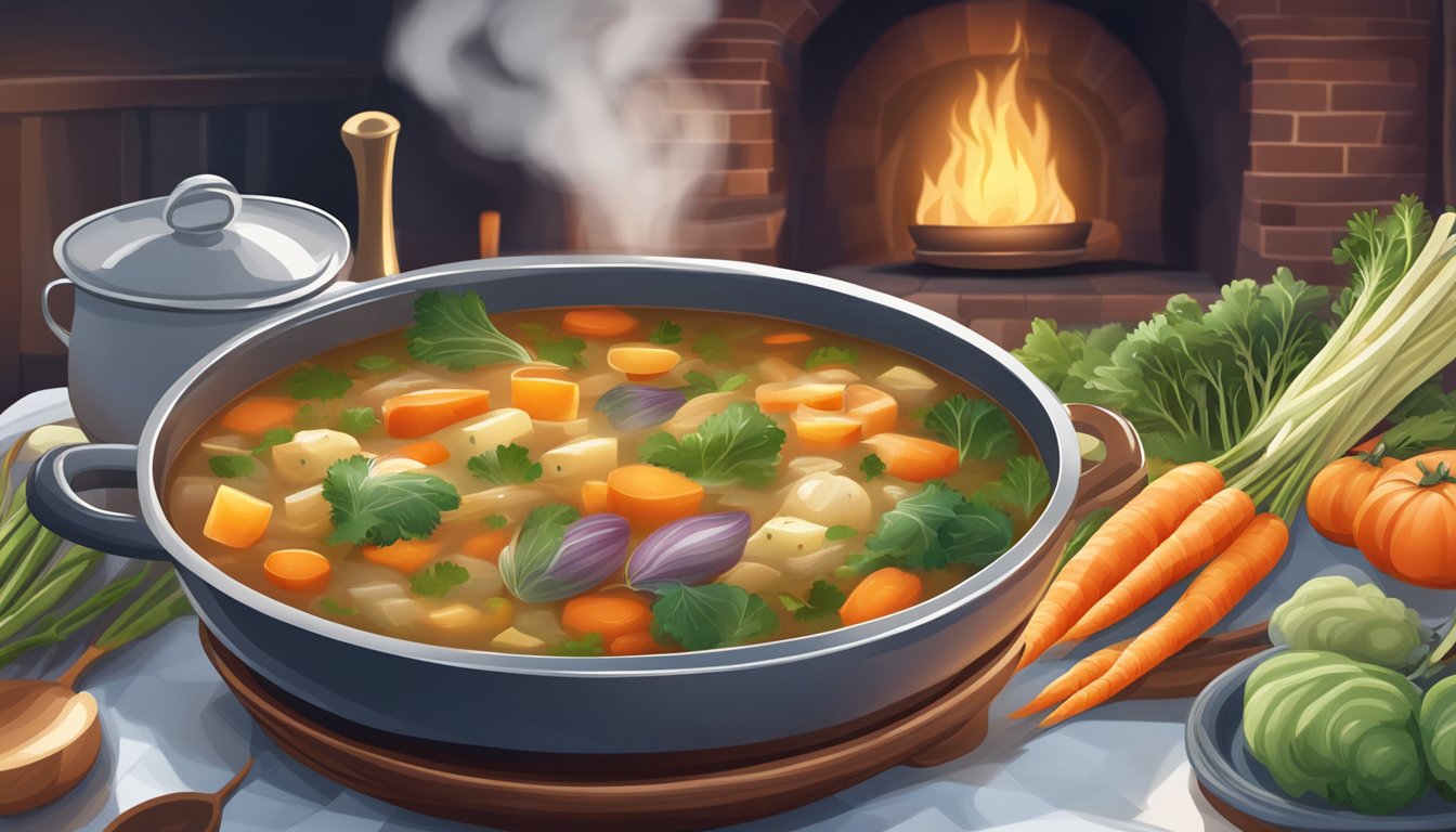 A steaming pot of hearty soup surrounded by winter vegetables, with a cozy fireplace in the background