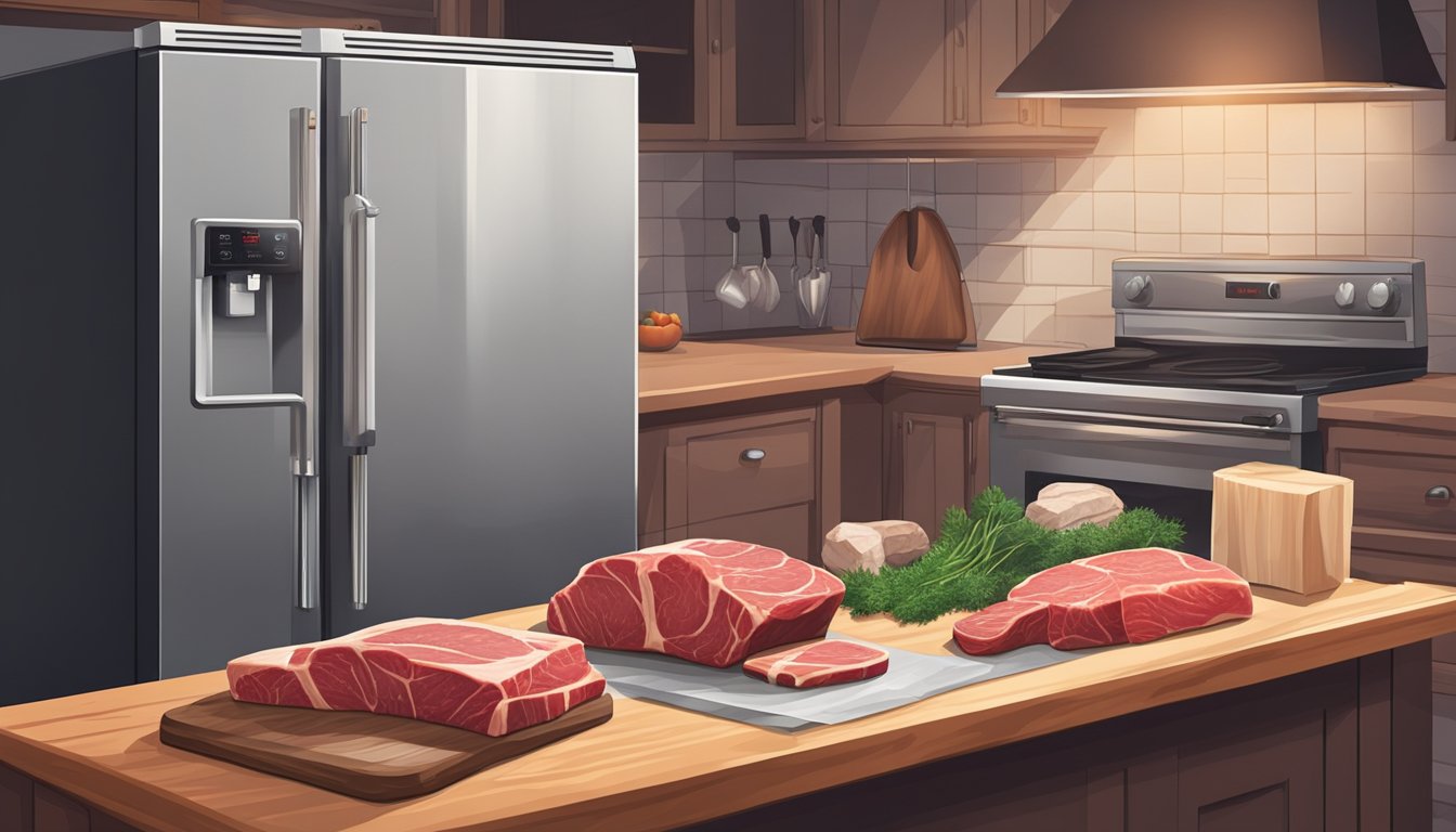 A spacious, well-lit kitchen with a stainless steel dry aging refrigerator, vacuum sealer, and a collection of high-quality beef cuts on a wooden cutting board