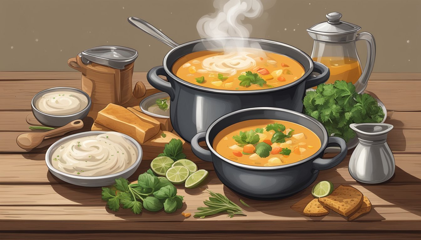 A steaming pot of classic soup sits on a rustic wooden table, surrounded by fresh ingredients and modern kitchen tools. The warm, comforting aroma fills the cozy Texas kitchen