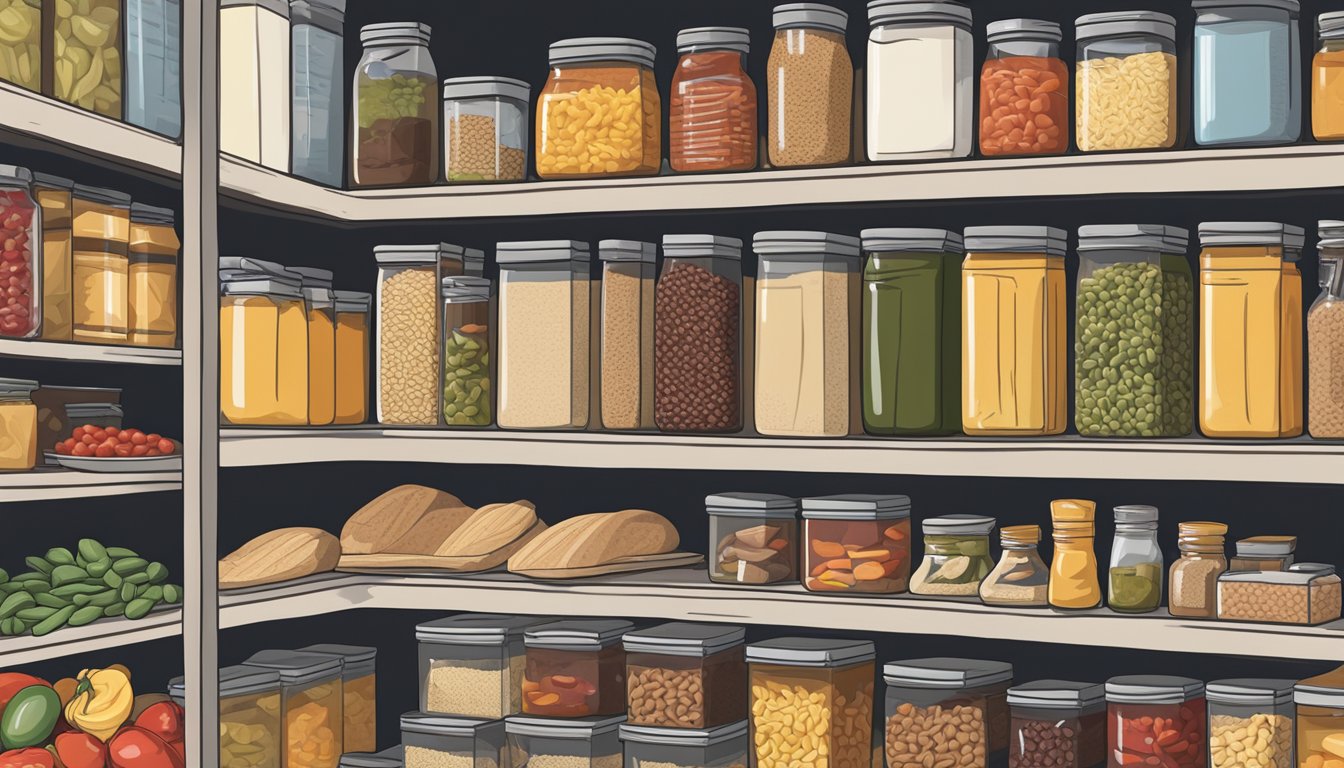 A well-stocked pantry in Texas, with rice, beans, canned tomatoes, pasta, and olive oil neatly organized on shelves