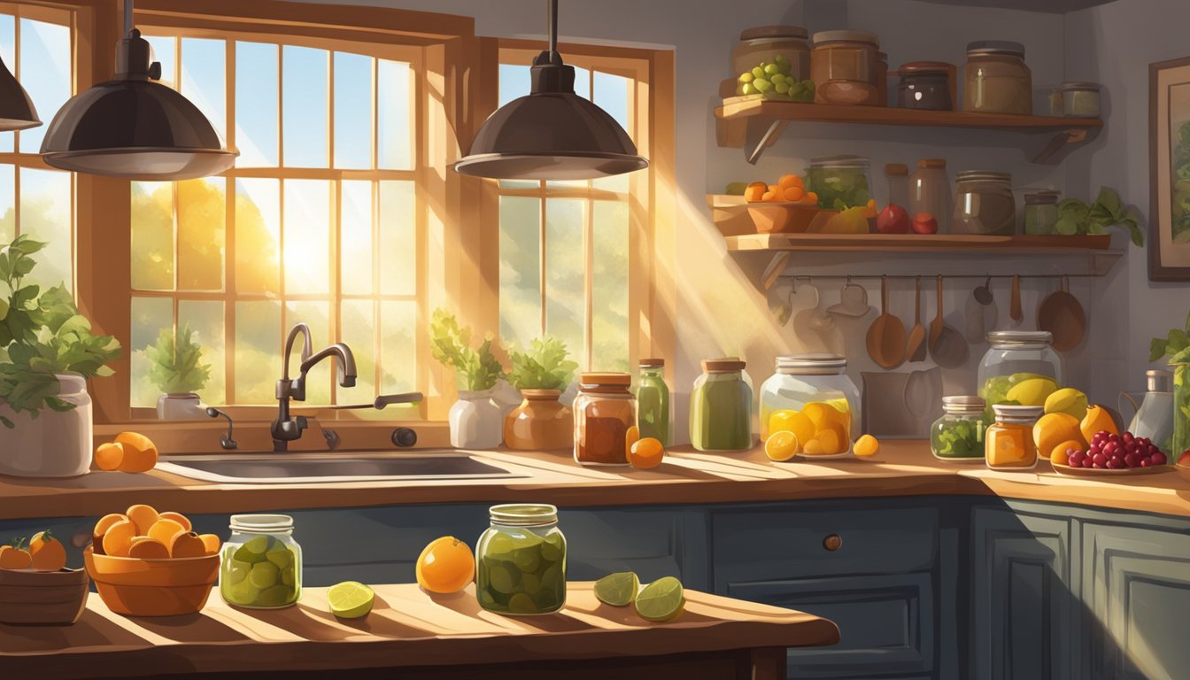 A rustic kitchen filled with fresh fruits, jars of homemade jams, and a bubbling pot on the stove. Sunlight streams through the window, casting a warm glow over the scene