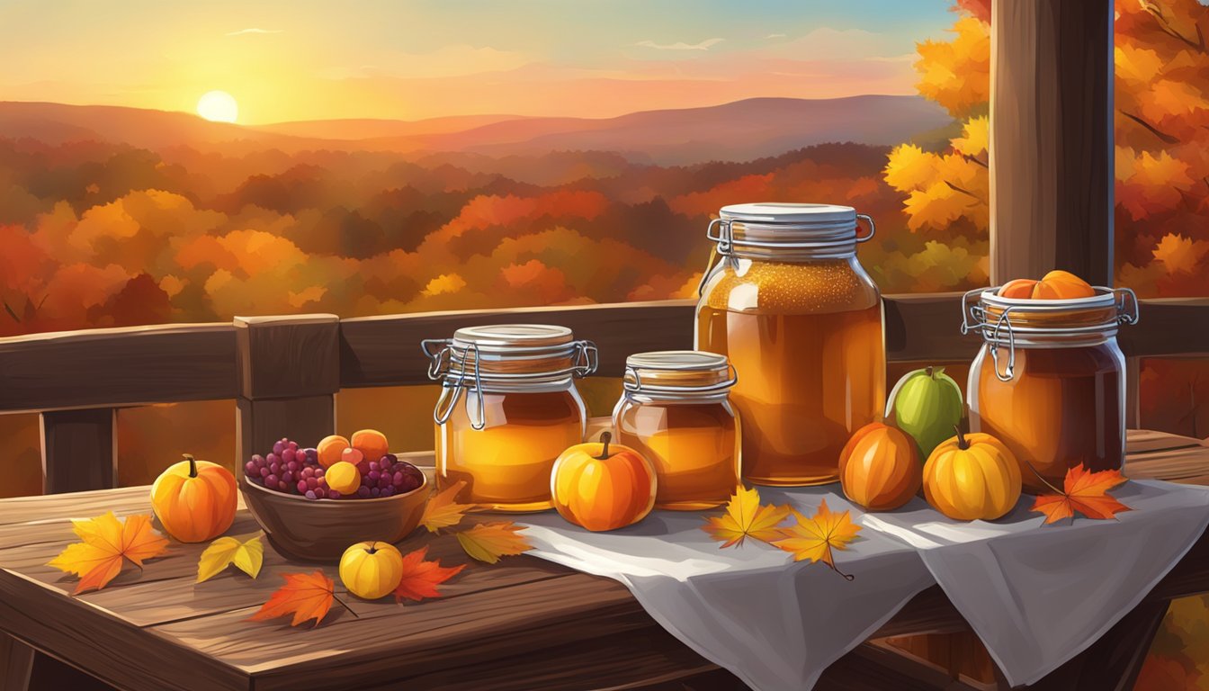 A rustic wooden table covered in fresh fruits, jars of honey, and colorful autumn leaves, with a warm Texas sunset in the background