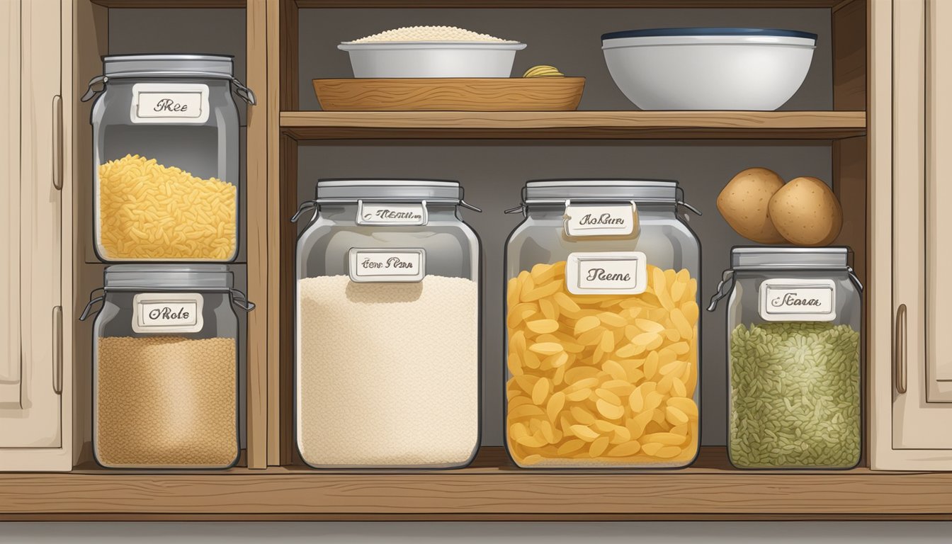 A kitchen pantry shelf with five labeled containers of rice, pasta, beans, oats, and potatoes, surrounded by Texan decor