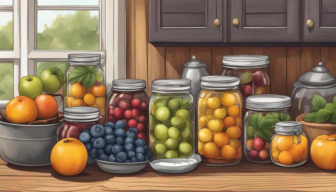 A rustic kitchen counter with fresh fruits, jars, and cooking utensils ready for making fall jams, jellies, and preserves in Texas