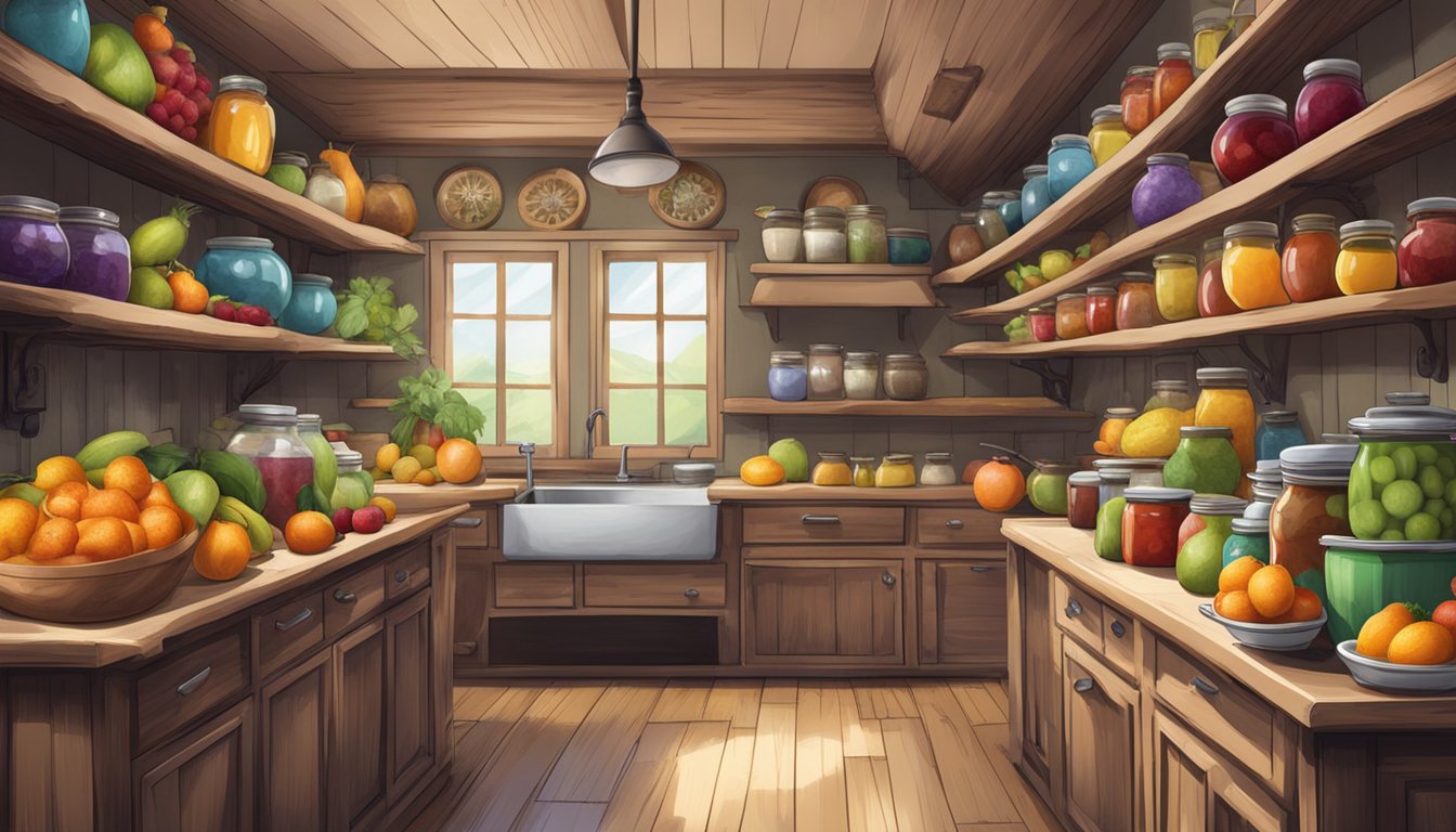 A rustic kitchen filled with colorful fruits, boiling pots, and shelves lined with jars of homemade jams and jellies