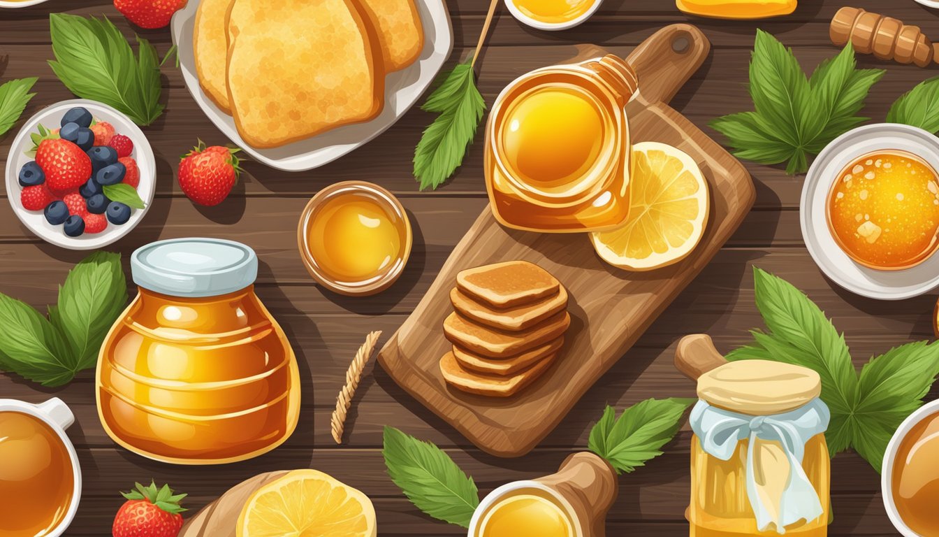 A colorful array of honey, maple syrup, stevia, and agave nectar arranged on a rustic wooden table, surrounded by fresh fruits and baked goods