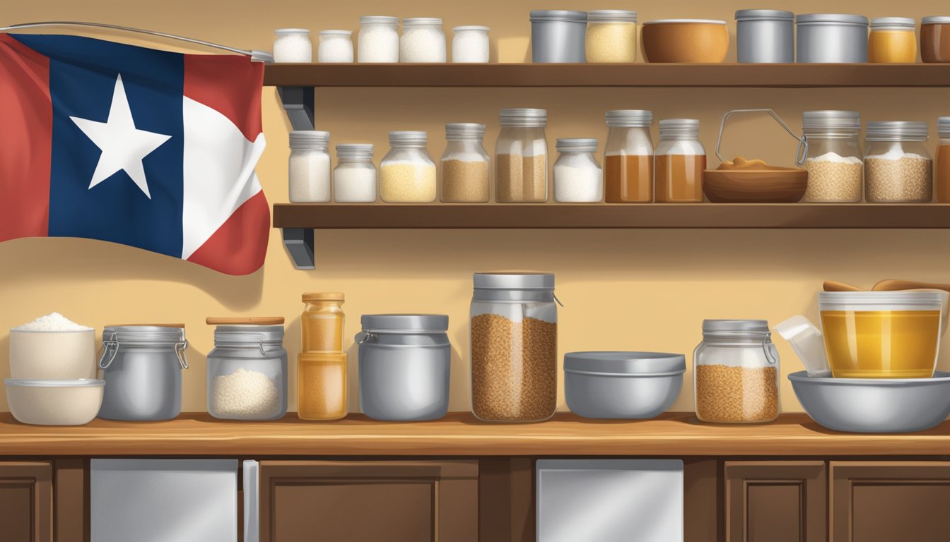 A sunny kitchen with shelves stocked with flour, sugar, honey, vanilla extract, and brown sugar. A Texas flag hangs on the wall