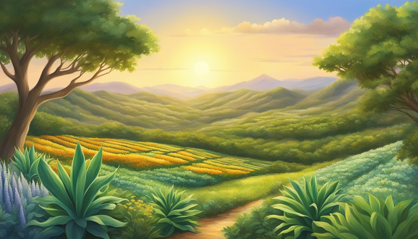 A vibrant Texas landscape with a variety of natural sweeteners growing, such as stevia, honey, and agave, surrounded by lush greenery and warm sunlight