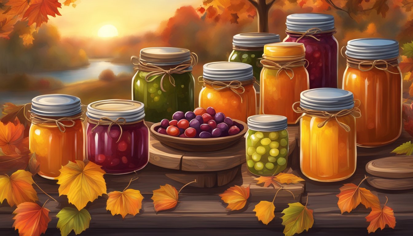 A rustic wooden table adorned with jars of colorful jams, jellies, and preserves, surrounded by autumn foliage and a warm Texas sunset