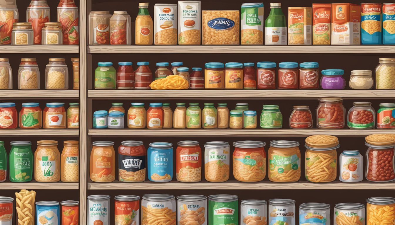 A cluttered pantry shelf with cans of beans, bags of rice, boxes of pasta, jars of tomato sauce, and packets of instant noodles