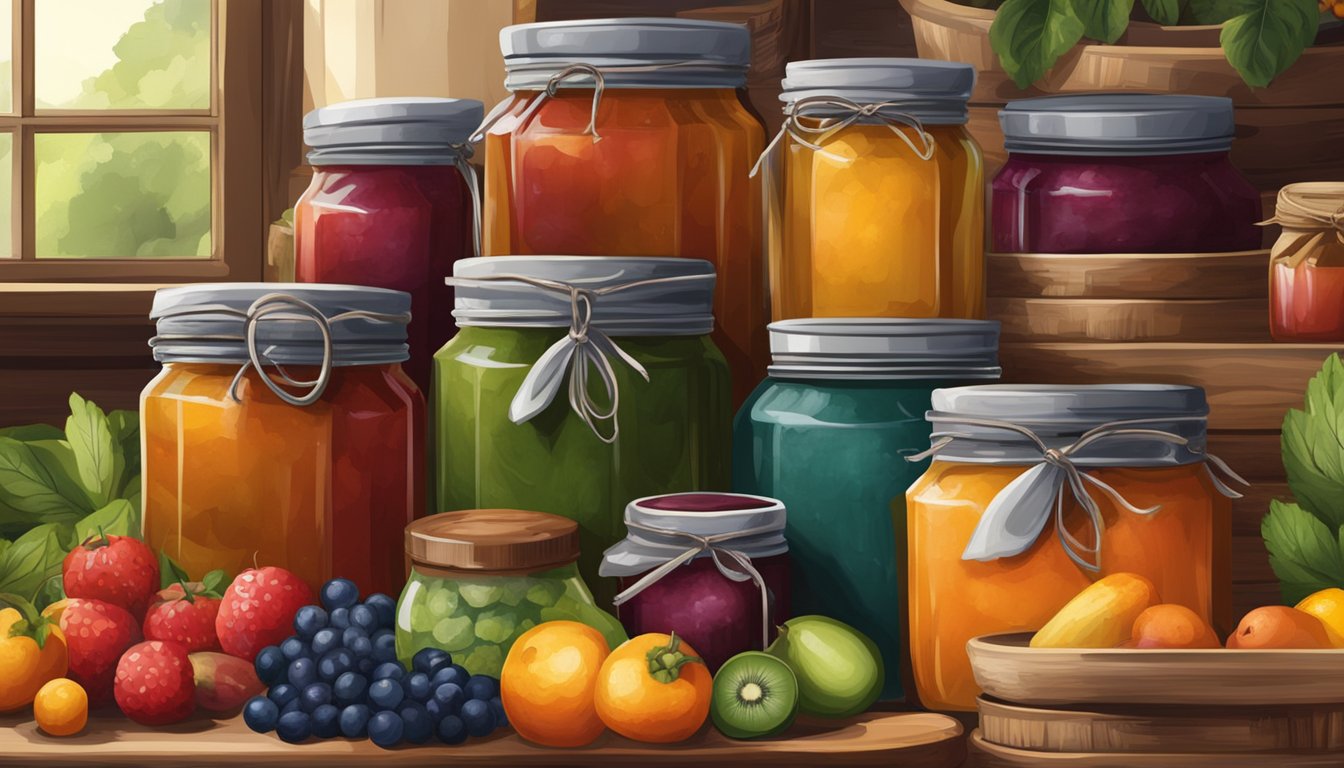 A rustic kitchen filled with colorful jars of homemade jams and preserves, surrounded by baskets of freshly picked fruits and vegetables