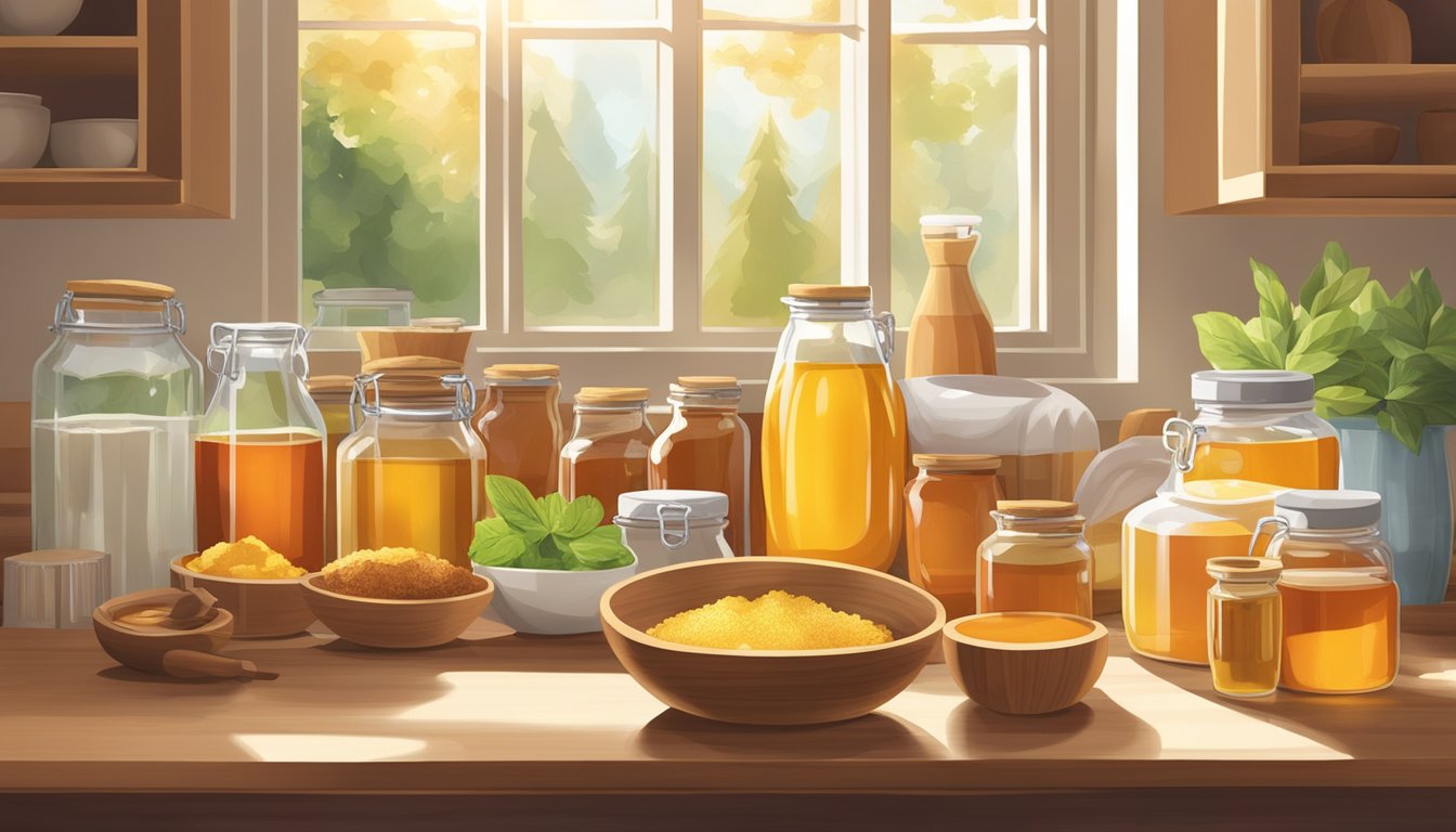 A serene kitchen counter with a variety of natural sweeteners such as honey, maple syrup, and stevia neatly arranged in glass jars and wooden bowls. Sunlight filters through the window, casting a warm glow on the scene