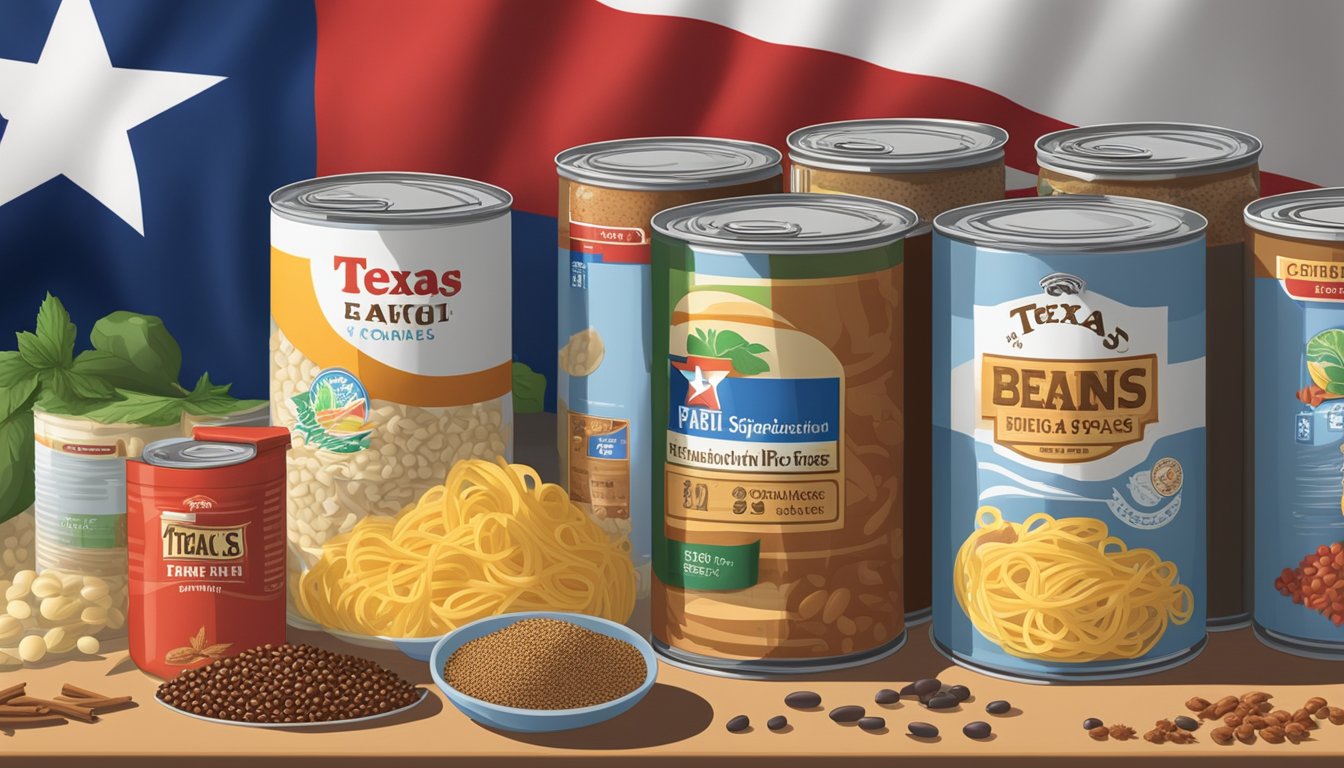 A kitchen counter with cans of beans, rice, pasta, canned tomatoes, and dried spices. A price tag and Texas flag are visible in the background