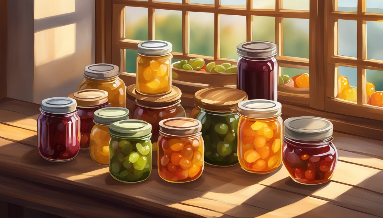 A rustic wooden table holds an assortment of colorful jars filled with homemade jams, jellies, and preserves. The warm autumn sunlight filters through the window, casting a golden glow on the delicious spread