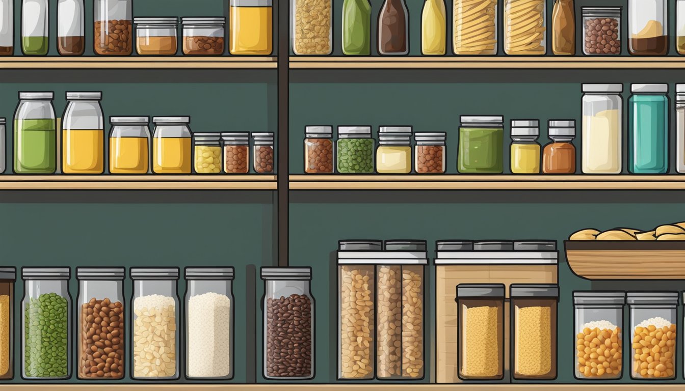 A well-stocked pantry with canned goods, rice, beans, pasta, and cooking oil neatly arranged on shelves