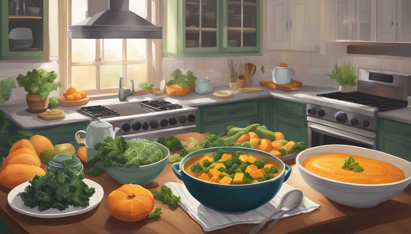 A cozy kitchen filled with winter produce like sweet potatoes, kale, and citrus fruits, with a warm bowl of soup steaming on the table