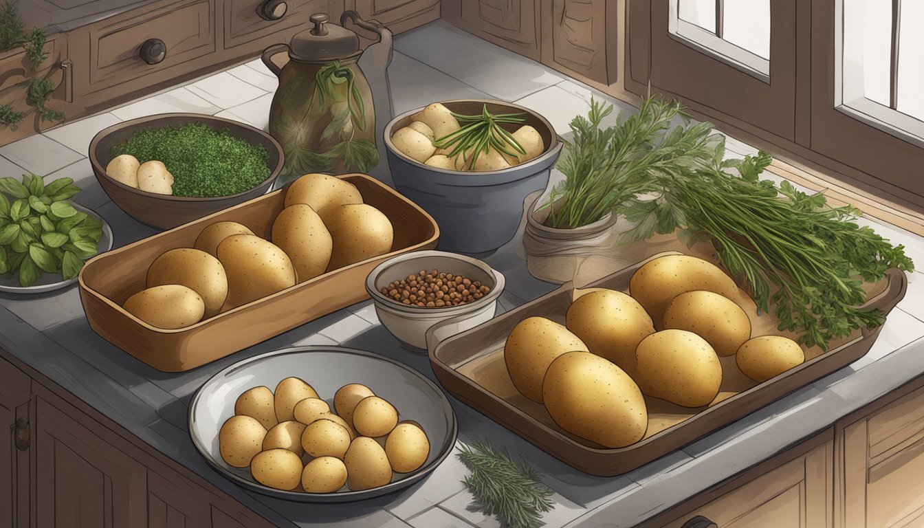 A rustic kitchen with three trays of seasoned potatoes ready for roasting in the oven, surrounded by various herbs and spices