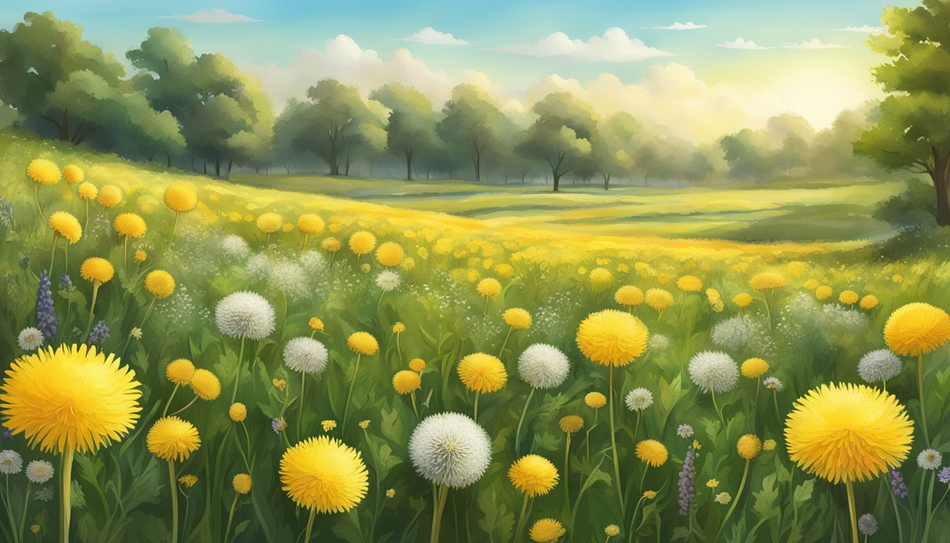 A sunny Texas field with a variety of dandelions in different stages of growth, surrounded by wildflowers and greenery