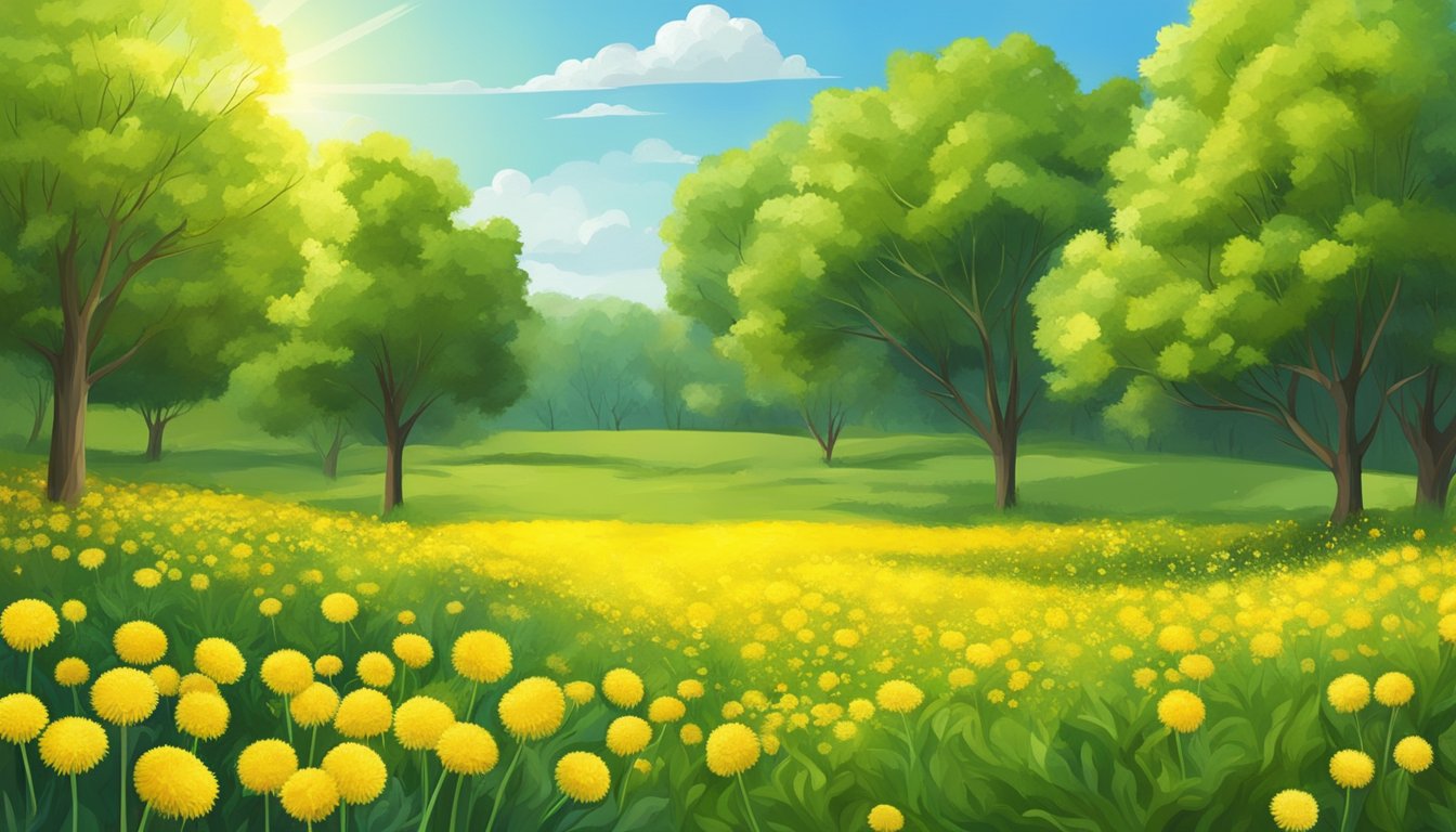 A sunny Texas field with dandelions growing among the grass, with a close-up of the vibrant yellow flowers and the green leaves