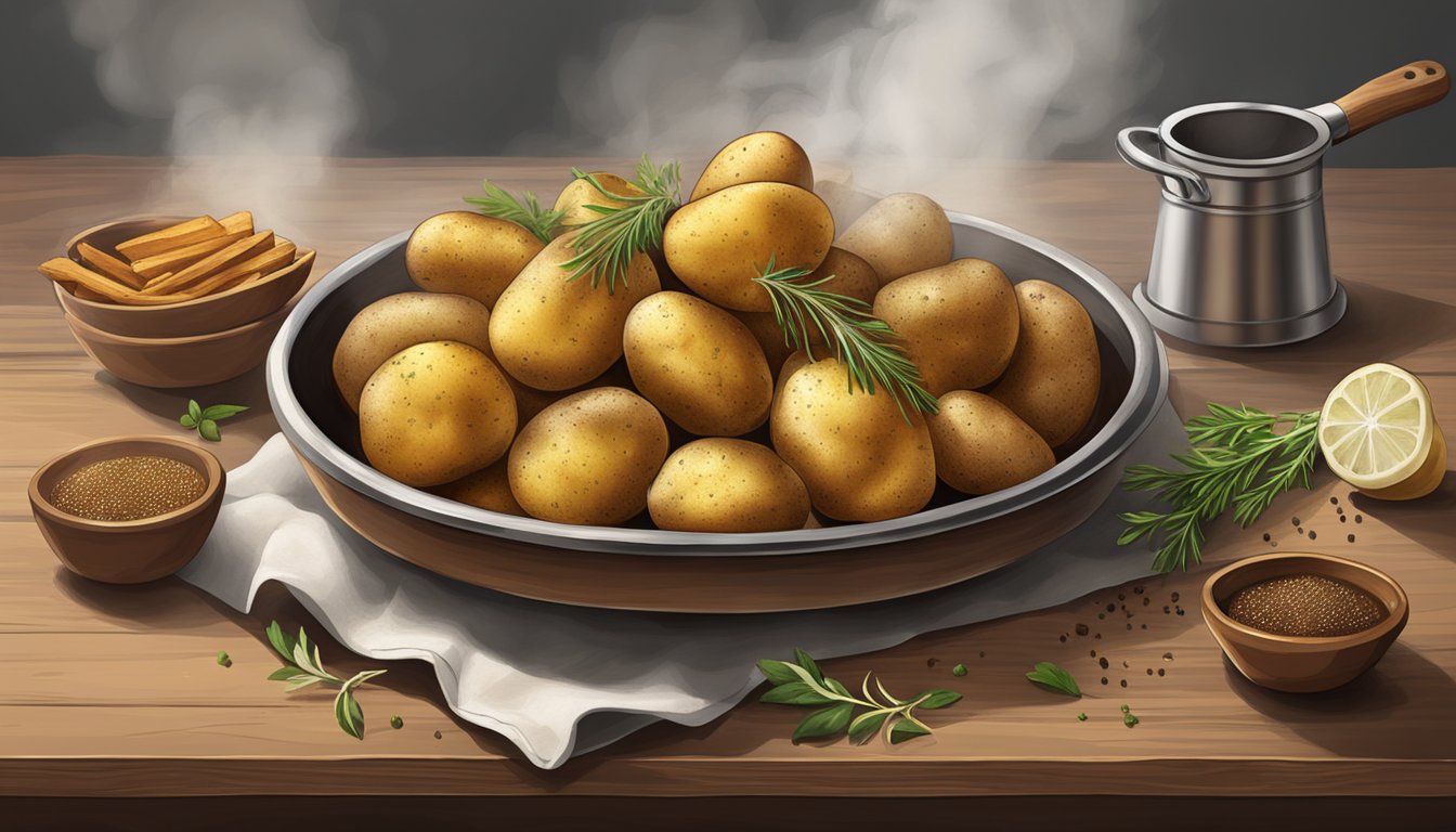 A rustic wooden table displays three variations of roasted potatoes, each seasoned with different herbs and spices. The potatoes are golden brown and crispy, with steam rising from their surface