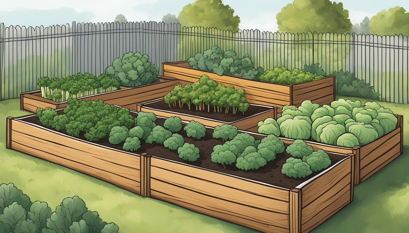 A winter vegetable garden in Texas, with carrots, kale, and broccoli growing in raised beds, surrounded by a fence to protect from critters