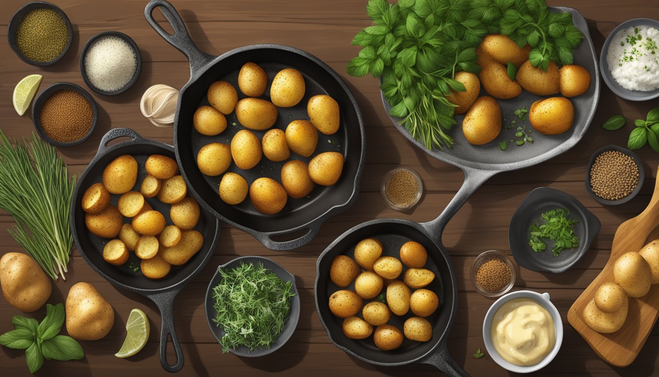 Three variations of roasted potatoes sizzling in cast iron skillets on a rustic Texas-style kitchen counter, surrounded by a variety of fresh herbs and spices