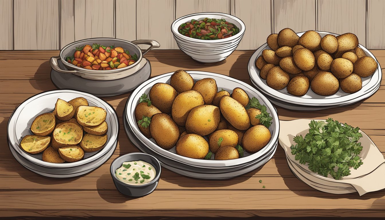 Three plates of roasted potatoes sit on a rustic wooden table in a cozy Texas kitchen. Each plate showcases a different serving style, from loaded with toppings to seasoned with herbs