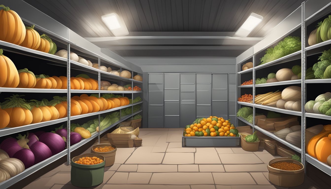 A root cellar filled with bins of winter produce, including squash, potatoes, and onions, with shelves of canned goods lining the walls