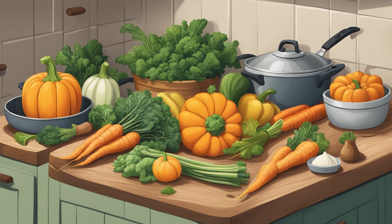 A cozy kitchen with a variety of winter produce like kale, carrots, and squash arranged on a wooden cutting board, surrounded by pots and pans