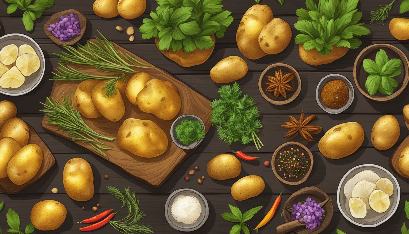 A rustic wooden table displays three variations of golden roasted potatoes, surrounded by fresh herbs and colorful spices