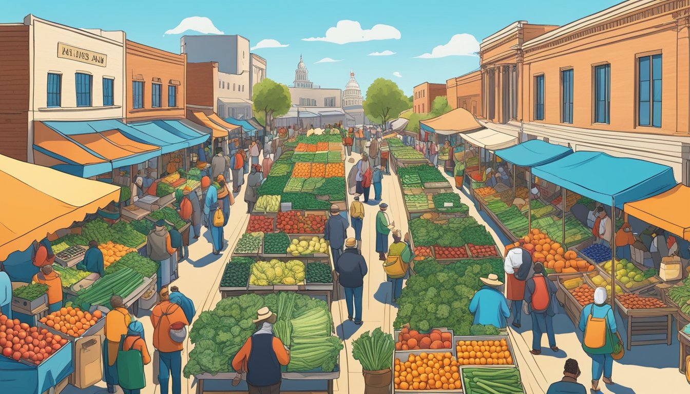 A bustling farmer's market in Texas, with vendors selling winter produce like kale, carrots, and citrus fruits under a clear blue sky