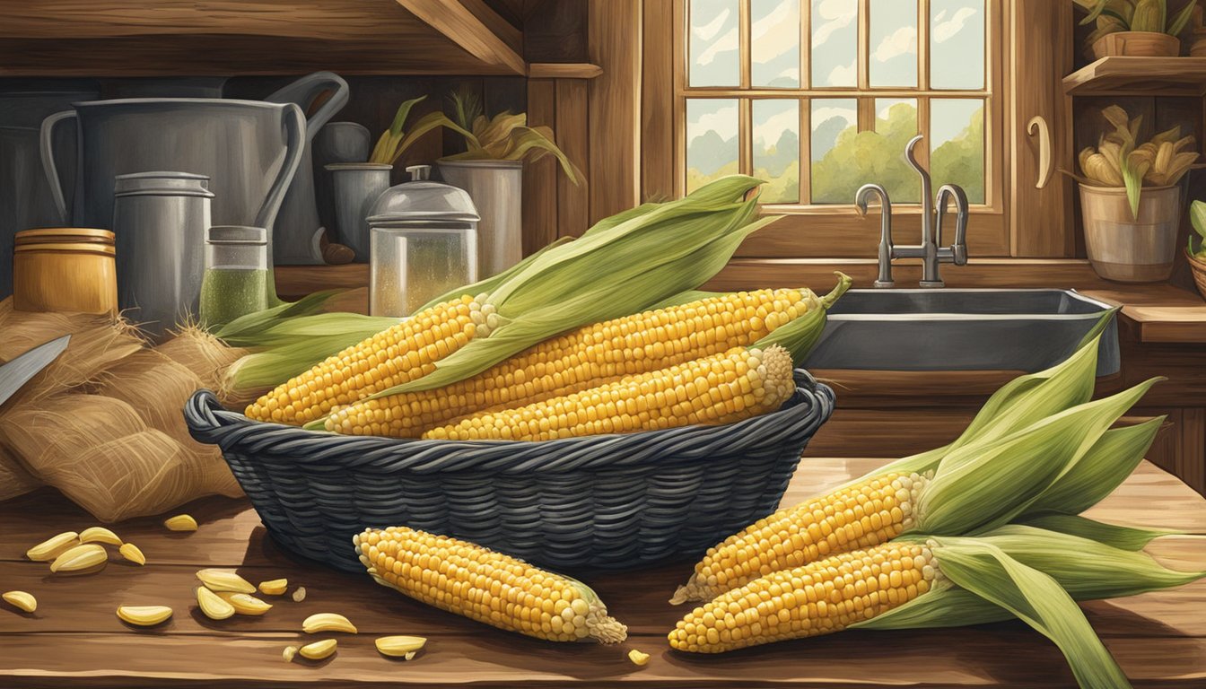 A hand reaching for a golden ear of sweet corn in a rustic Texas kitchen, with a basket of fresh corn nearby