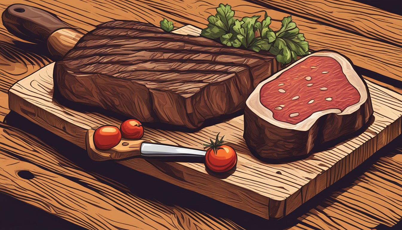 A cowboy's boot tenderizing a steak on a wooden chopping block