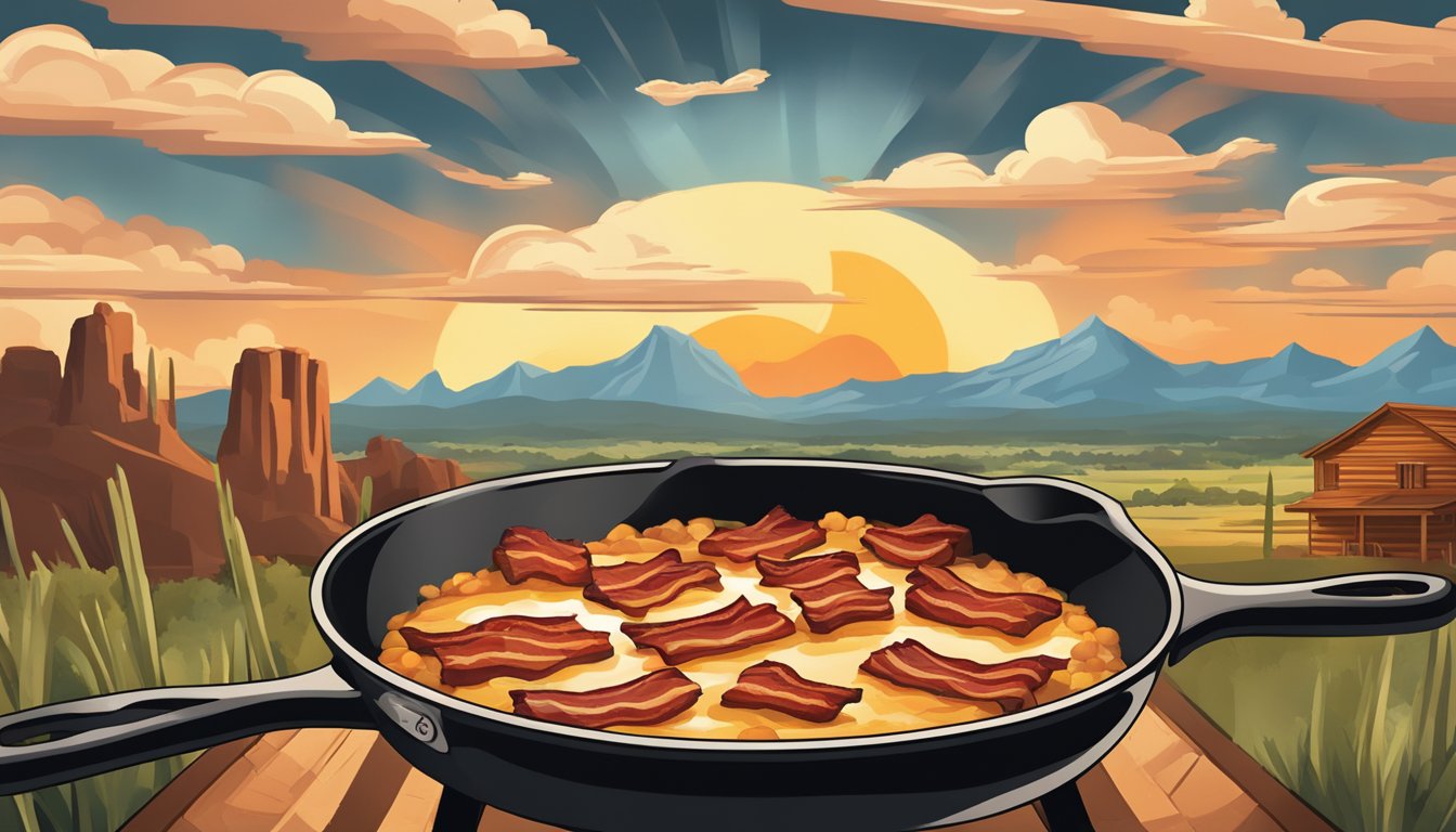 A sizzling skillet with bacon strips cooking to crispy perfection, surrounded by the iconic scenery of Texas