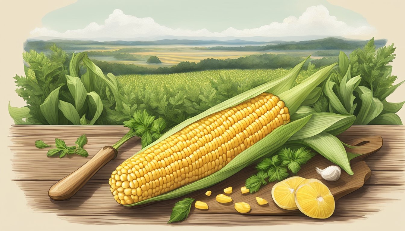 Golden sweet corn on a rustic wooden table surrounded by fresh herbs, spices, and cooking utensils, with a Texas landscape in the background