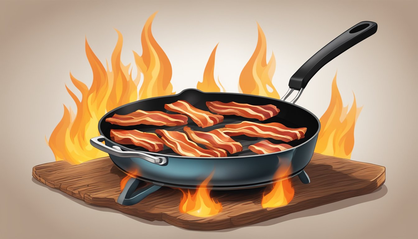 A sizzling skillet of bacon cooking over a flame, emitting a tantalizing aroma in a rustic Texas kitchen