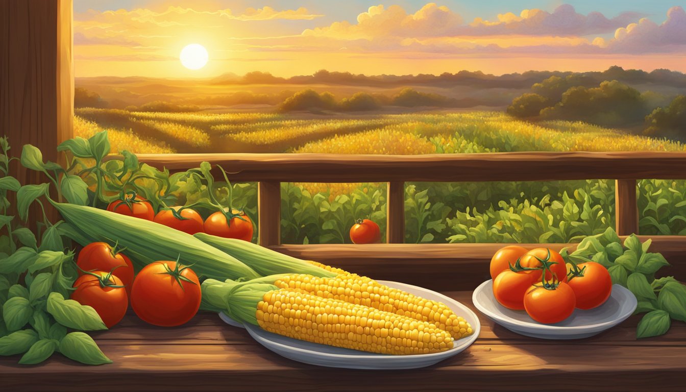 Golden sweet corn and vibrant red tomatoes sit on a rustic wooden table, surrounded by fresh herbs and spices. A warm Texas sunset casts a golden glow over the scene