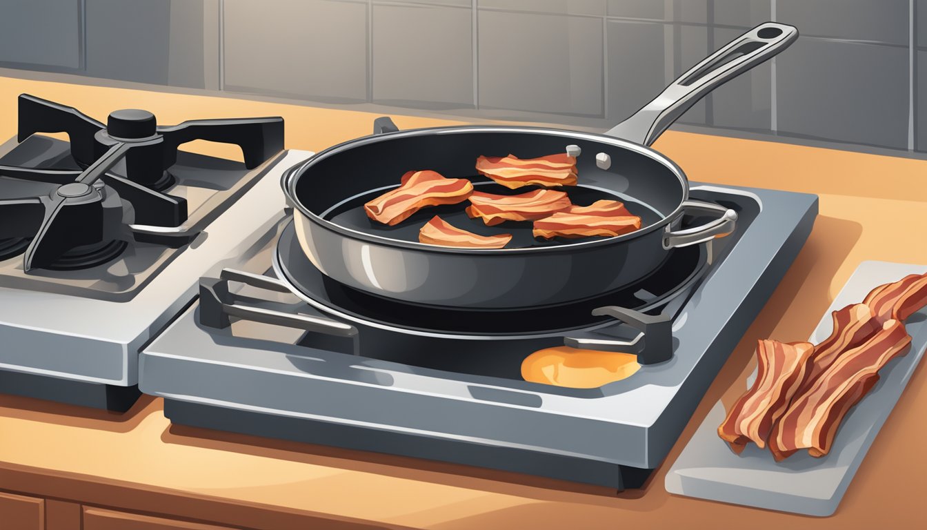 A sizzling skillet of bacon cooking on a stovetop, with a pair of tongs nearby and a kitchen timer ticking away