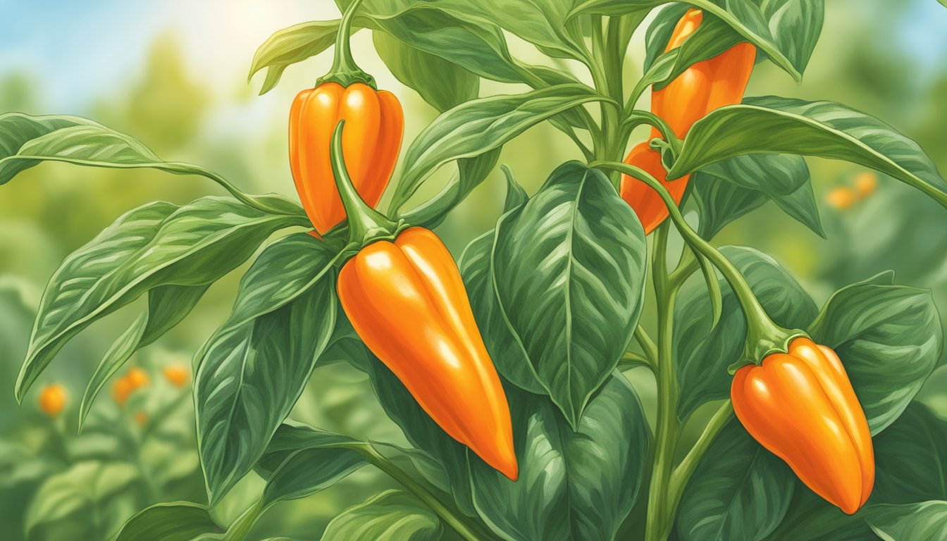 A vibrant habanada pepper plant grows in a sunny Texas garden, showcasing its small, bright orange peppers bursting with flavor but lacking the intense heat of a traditional habanero