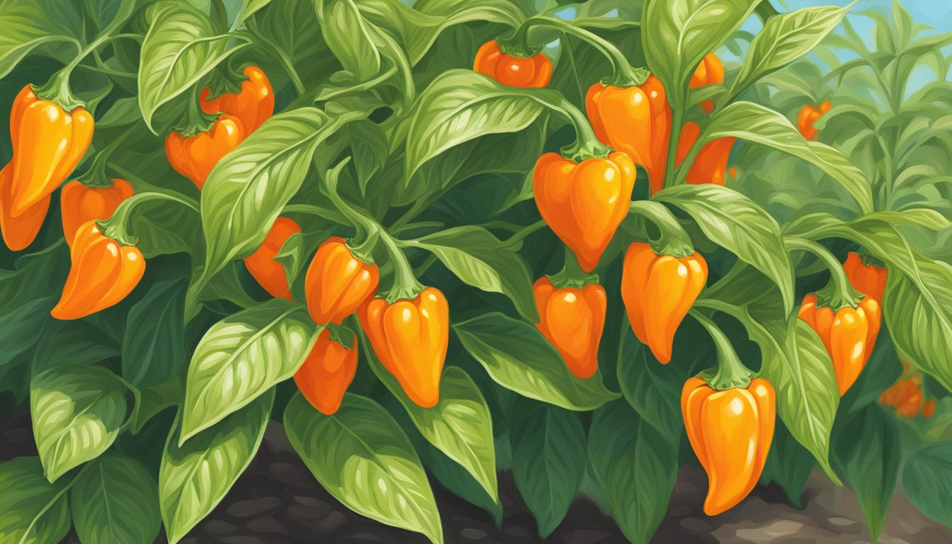 A vibrant habanada pepper plant growing in a Texas garden, with small, bright orange peppers hanging from the green stems