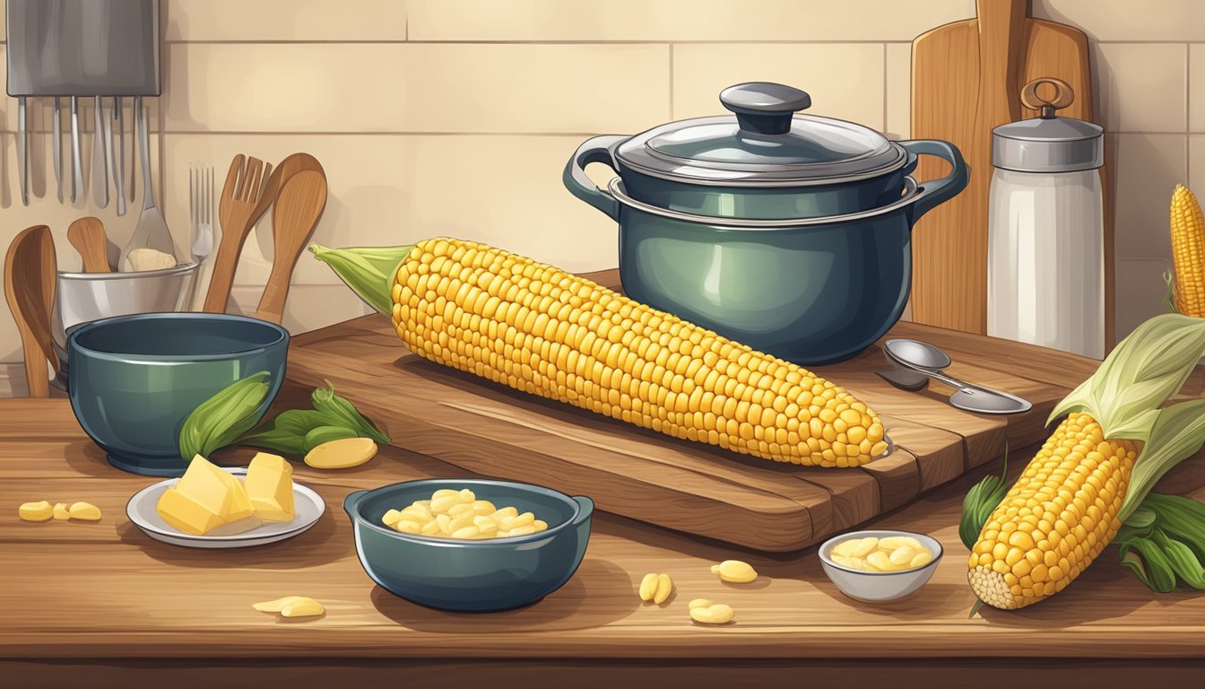 A rustic kitchen with a wooden cutting board, a pot of boiling water, a colander, a butter dish, and a set of corn holders